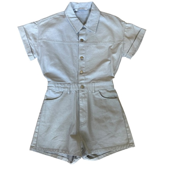 Zara Women’s Size s Light Blue Jean  Metallic Shimmer Button Front Romper - Picture 2 of 14